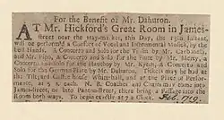 1719, Feb. Advertisement announcing Vocal and instrumental music for the benefit of Mr. Dahuron. Entrances on both James Street and Panton Street.