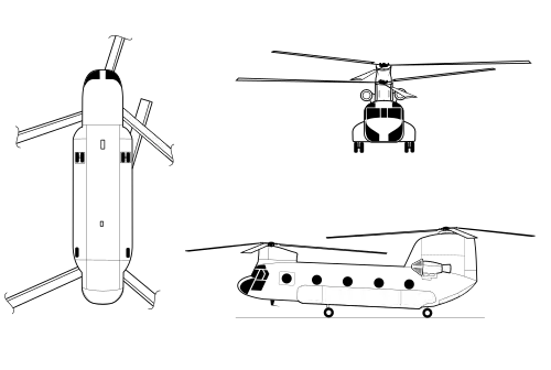 Orthographically projected diagram of the Boeing Vertol CH-47 Chinook.