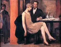 A painting showing the mid-decade silhouette at its simplest: languid pose, bobbed hair, knee-length dress with dropped waist, 1926.