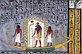 Ra traveling through the underworld in his barque, from the copy of the Book of Gates in the tomb of Ramses I (KV16).