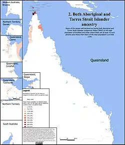 Geographical distribution of people with both Aboriginal and Torres Strait Islander Indigenous status[57]
