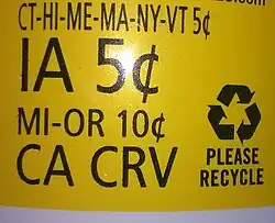 Bottle redemption value or deposit label on a soft drink