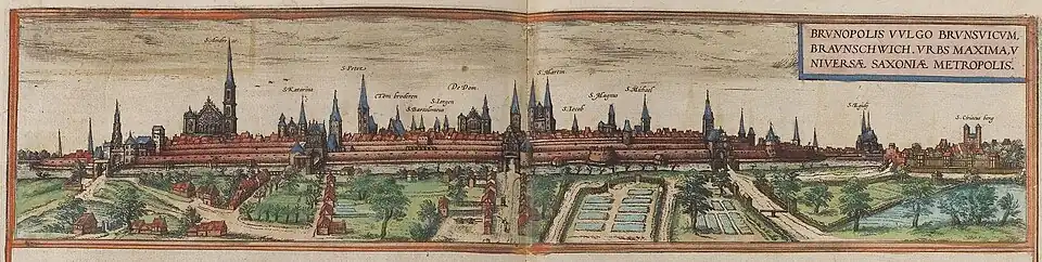 Braunschweig in the 16th century, from the Civitates orbis terrarum by Georg Braun and Frans Hogenberg.