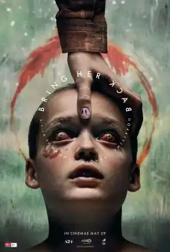 Oliver's head with a bruise beneath his right eye. With his eye-whites red, a hand cups his hair. Behind the boy, stained glass with a blood in a circle on a rainy day. Text in a circle around the boys face announces the title, "Bring Her Back" with the, "Back" mirrored.