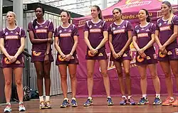21 January 2015; Beryl Friday (third from right) with members of the 2015 Queensland Firebirds team. From left to right, Clare McMeniman, Romelda Aiken, Rebecca Bulley, Laura Clemesha, Friday, Caitlyn Nevins and Kim Ravaillion.