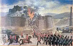 British-Indian troops attacking the citadel during the First Afghan War, 1839.