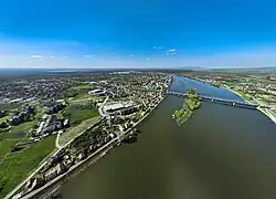 Brod with border bridge crossing Sava River
