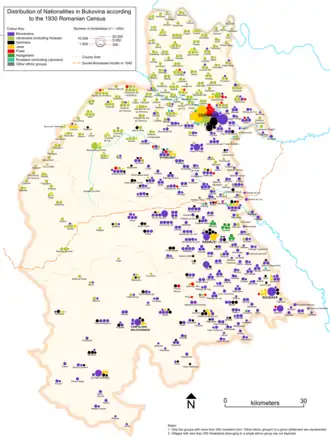 Ethnic map of Bukovina (purple = Romanians, green = Ukrainians)