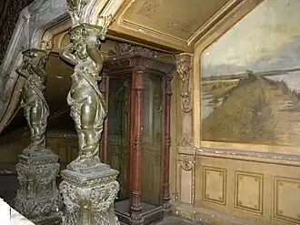 Glass case with lotus columns at each corner, unknown maker, late 19th century, wood and glass, Macca House, Bucharest, Romania