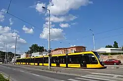 Nine-section CAF Urbos low-floor car in Budapest, Hungary