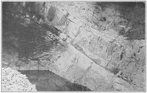 Vintage Dolomite in quarry at Kinzers. Shows well-bedded character of lower part of Vintage dolomite.