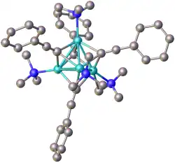 Structure of the cluster formed from PhC≡CLi complexed to N,N,N′,N′-tetramethyl-1,6-diaminohexane (methylene groups omitted for clarity). Color key: turquoise = Li, blue = N.[9]