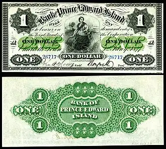 1877 $1 Bank of Prince Edward Island banknote signed by John Longworth as bank president.