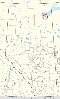 A map of the province of Alberta showing 80 counties and 145 small Indian reserves. One is highlighted with a red circle.