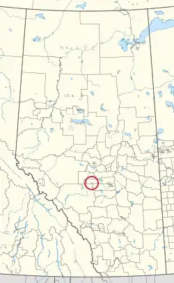 A map of the province of Alberta showing 80 counties and 145 small Indian reserves. One is highlighted with a red circle.