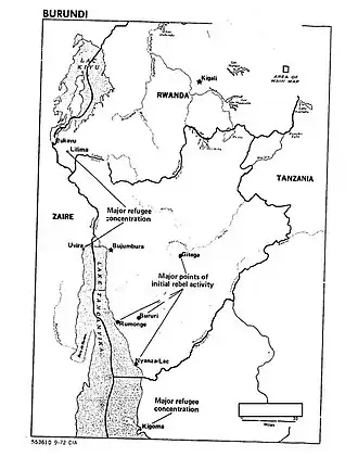 Contemporary United States Central Intelligence Agency map of Burundi showing areas of Hutu rebel activity during the Ikiza