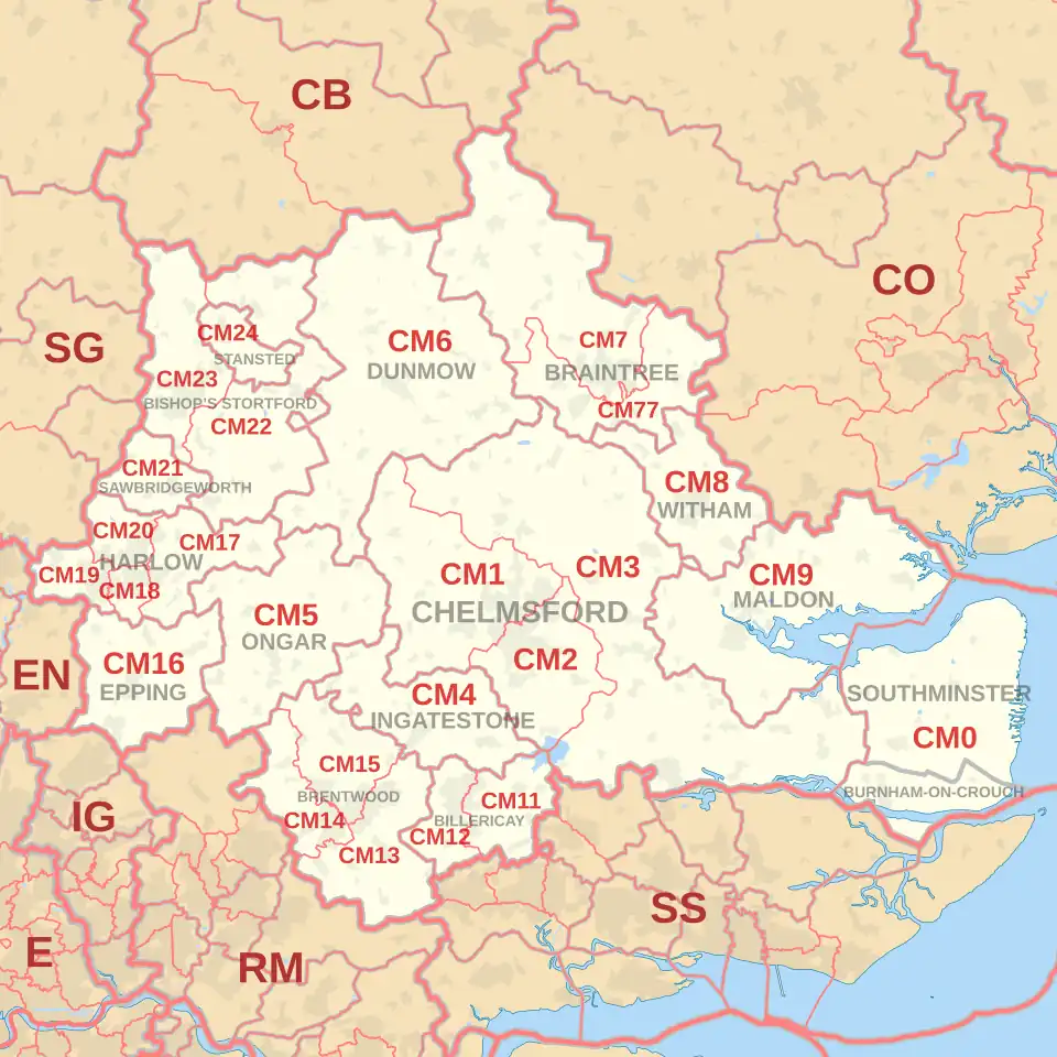 CM postcode area map, showing postcode districts, post towns and neighbouring postcode areas.