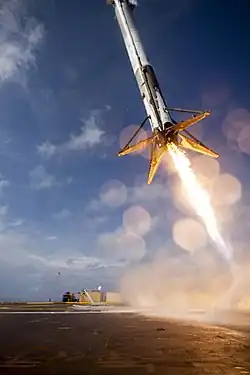 Falcon 9 Flight 17's first-stage attempting a controlled landing on the drone ship following the successful launch of CRS-6