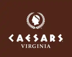 White logo on a brown background showing the silhouette of a head wearing a laurel wreath and also surrounded by another wreath; below that is "Caesars" in a blocky font and "Virginia in a standard font