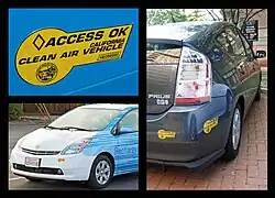 California's clean air bumper sticker used to allow HEVs to access HOV lanes. Shown a RechargeIT's plug-in converted Prius (left) and a conventional Toyota Prius (right).