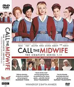 Three nurses on the top half of the cover; screenshots of the series on the bottom half