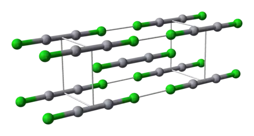 Ball-and-stick model of calomel's unit cell