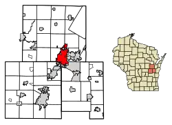 Location of Appleton in Outagamie, Calumet, and Winnebago counties, Wisconsin
