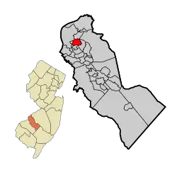 Location of Collingswood in Camden County highlighted in red (right). Inset map: Location of Camden County in New Jersey highlighted in orange (left).