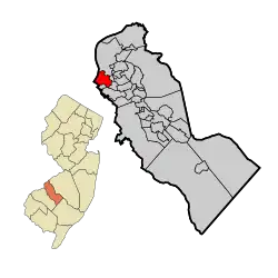 Location of Gloucester City in Camden County highlighted in red (right). Inset map: Location of Camden County in New Jersey highlighted in orange (left).