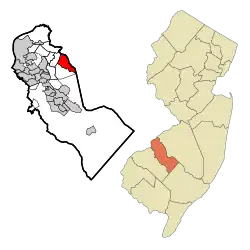 Map of Greentree CDP in Camden County. Inset: Location of Camden County within New Jersey.
