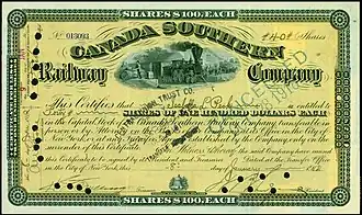 Share of the Canada Southern Railway Company, issued 8 January 1912.