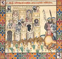 A drawing showing the siege of a castle