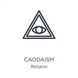 A stylized triangle with an oval with a circle inside. The caption 'CAODAISM / Religion' is below.