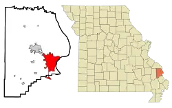 Location of Cape Girardeau in Cape Girardeau & Scott Counties, Missouri.