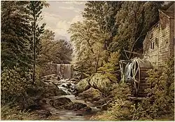 Painting of a forest, stream, and mill
