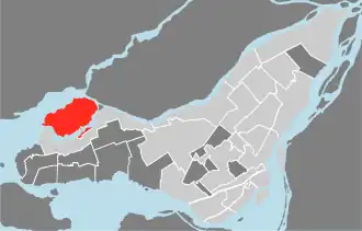 Location of L'Île-Bizard–Sainte-Geneviève on Island of Montreal. (Gray areas indicate demerged municipalities).