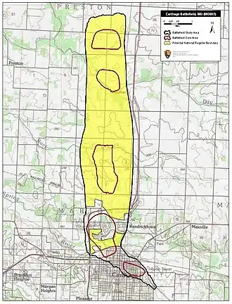 Map of Carthage Battlefield core and study areas by the American Battlefield Protection Program