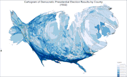 Cartogram of Democratic presidential election results by county
