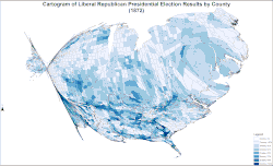 Cartogram of Liberal Republican/Democratic presidential election results by county