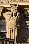 Caryatid (centre left), pediment over two left bays, Princes Street façade
