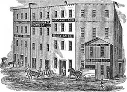 engraving of a city block of mills