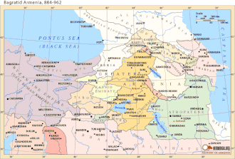 Map of the southern Caucasus and the area of eastern Turkey and northern Iraq and Syria. Greater Armenia in the center with minor Caucasian principalities to its northeast, the Byzantines to the west and the Abbasid caliphate to the south and east.