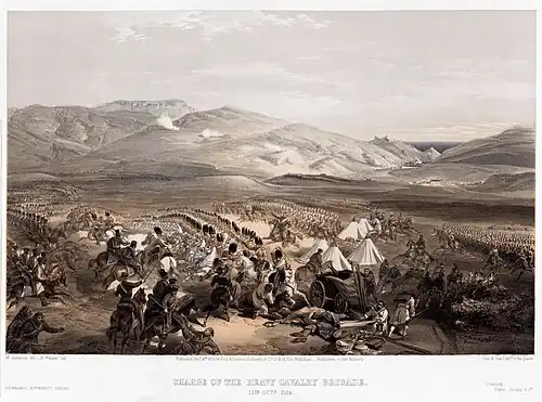 Image 4 Battle of Balaclava Artist: William Simpson; Restoration: NativeForeigner The 6th (Inniskilling) Dragoons and 5th&nbsp;Dragoon Guards engage the Russians in this lithograph of the "Charge of the Heavy Brigade", a short engagement during the Battle of Balaclava during the Crimean War. Russian cavalry had attacked the British camp, but in roughly ten minutes of fighting, they suffered 40 to 50 killed and more than 200 wounded and were forced to retreat. More selected pictures