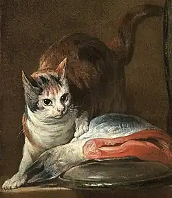 Painting of calico cat stepping on slice of fish