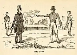 Four men in tophats, two in the foreground. The man on the right is shooting a pistol at the one on the left.