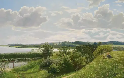 Parti ved Lyngby Sø med Frederiksdal Skov i Baggrunden. Eftermiddag., oil on canvas, 1879