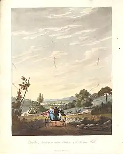 Painting of kite tugging wheeled vehicle.