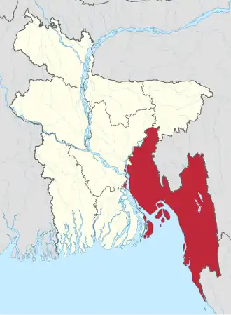 Map indicating the extent of Chittagong Division within Bangladesh