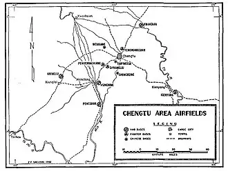 A black and white map cantered on the Sichuan area of China. It displays highways, important cities and towns; and also shows the location of 11 airfields and bases