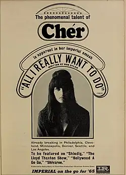 An advertisement features a black-and-white portrait of Cher with long, straight hair and bangs, wearing a dark outfit. The text promotes her "phenomenal talent" and upcoming TV appearances.